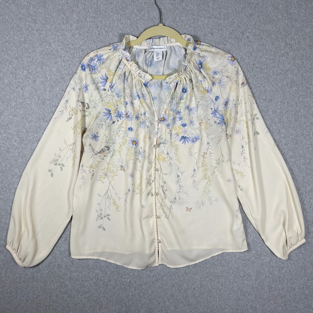 Cupcakes and Cashmere Floral Bird Print Ruffle Blouse Cream Medium